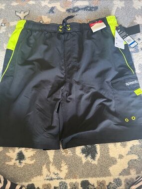 Speedo Black Swim Shorts with Neon Yellow Trim size XL lined and pockets